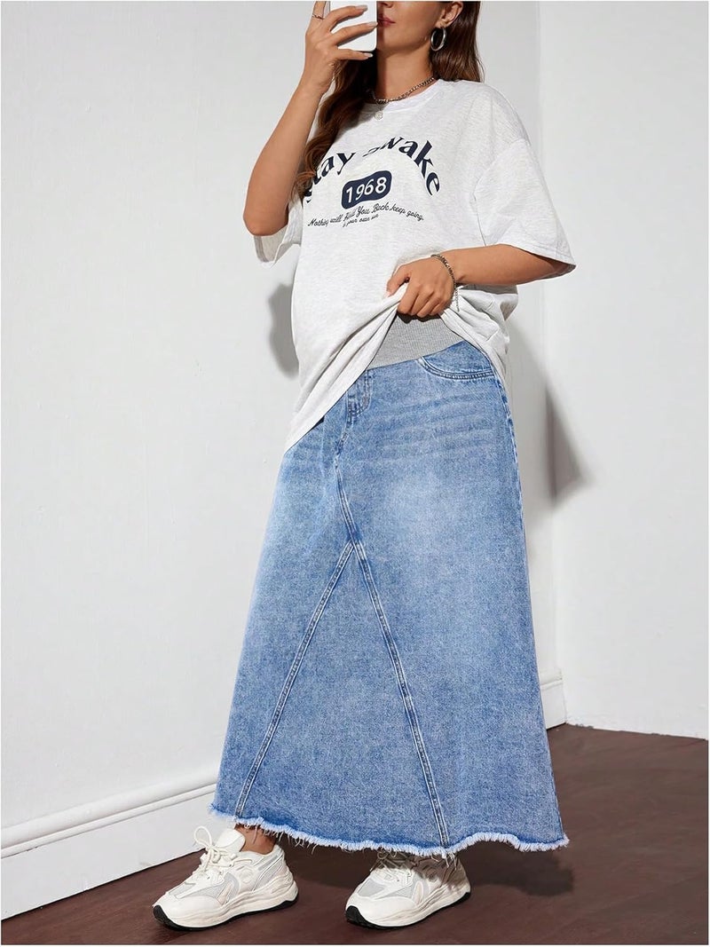 MakeMeChic Women's Maternity Jean Denim Maxi Skirt Pregnancy High Waisted A Line Adjustable Waist Long Skirts - Image 4